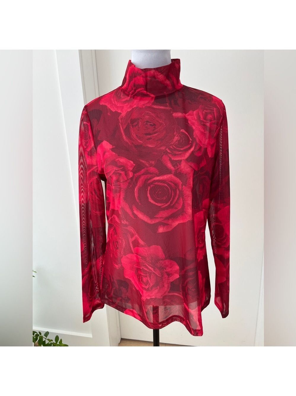 TAHARI Sheer Mesh Red Rose Pattern Long Sleeve High Neck Top Button Neck Closure